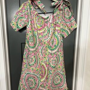 Tahari Dress with Pink and Green Swirls, shoulder ties. Size 6